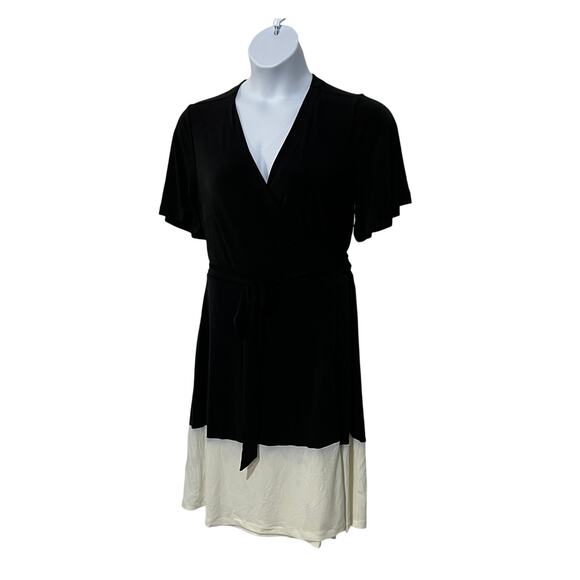 ANN TAYLOR WOMENS SIZE 14 COLORBLOCK BLACK & WHITE WRAP MIDI DRESS NEW - Picture 1 of 11